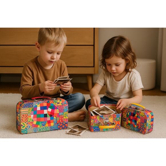 Petit Jour Paris “Elmer” Kids Suitcase Set Colorful Patchwork Elephant Set of 2 - Picture 3 of 13